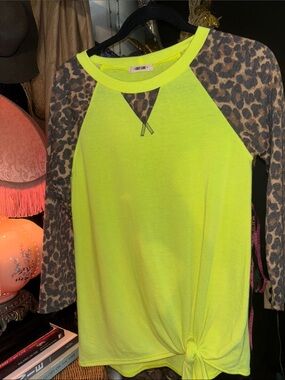 First Love Neon Yellow Raglan Top with Leopard-Print Sleeves